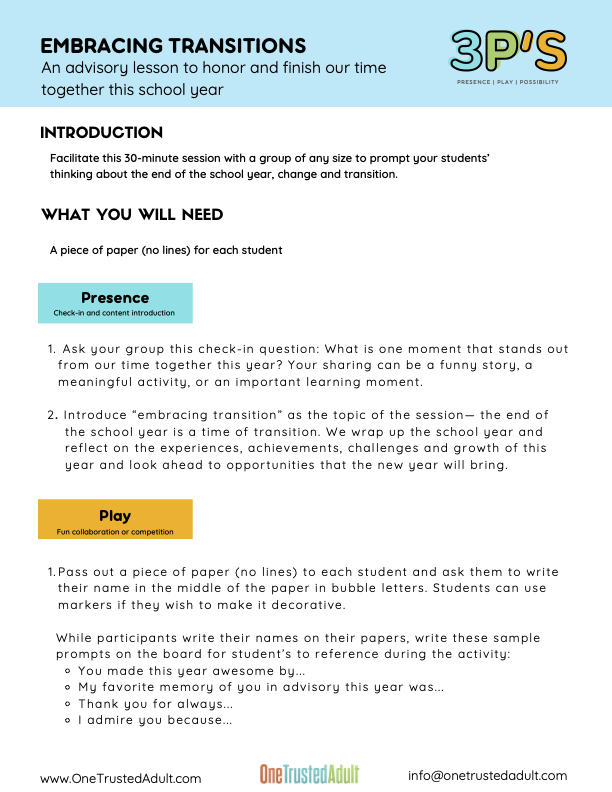 Embracing Transitions Worksheet