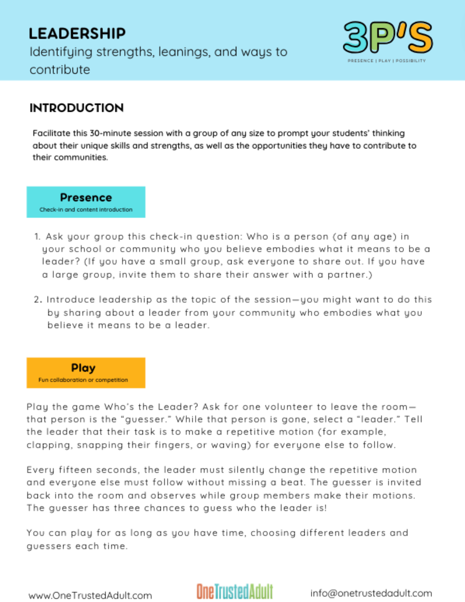 One Trusted Adult: Free Worksheets on Leadership